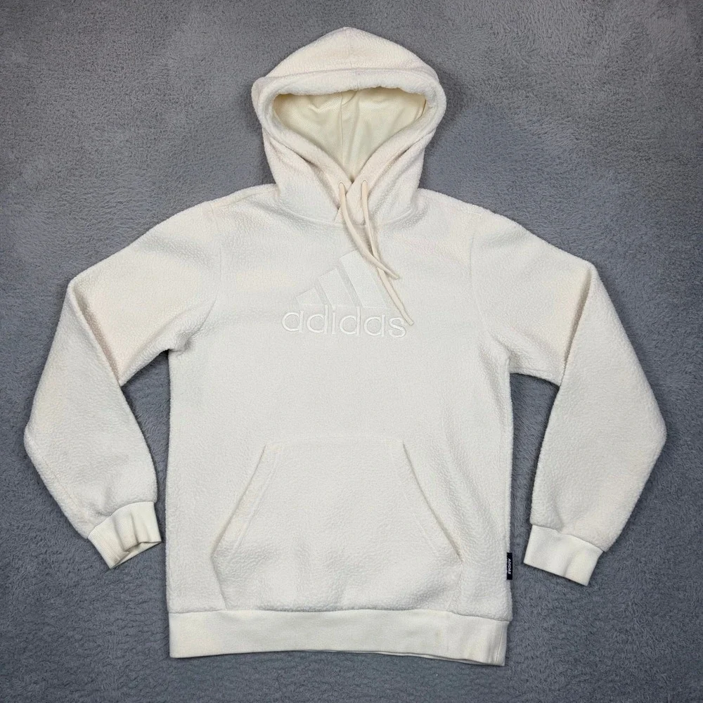 Adidas Mens Sherpa Fleece Hoodie Cream White Embroidered Logo Pullover Medium